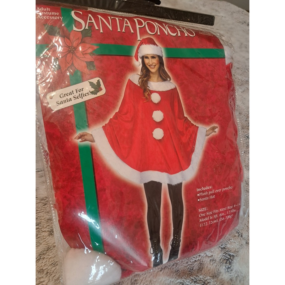 Adult Santa Poncho Christmas‎ Costume Set Red White Faux Fur One Size Fits Most
